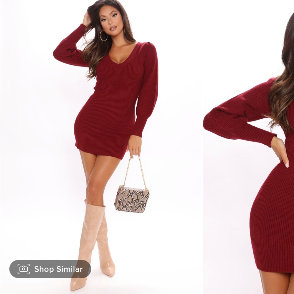 Fashion Nova: Steph Sweater Mini Dress - Burgundy
